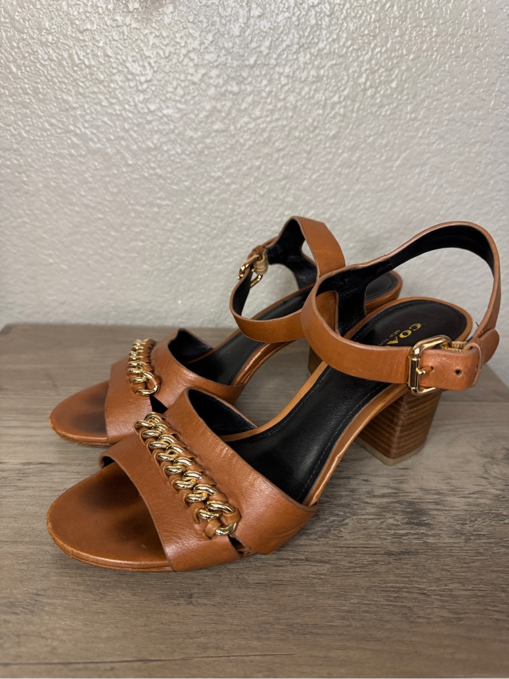 Coach Phoebe Brown Leather Chain Block Heel Sandals Size 7B